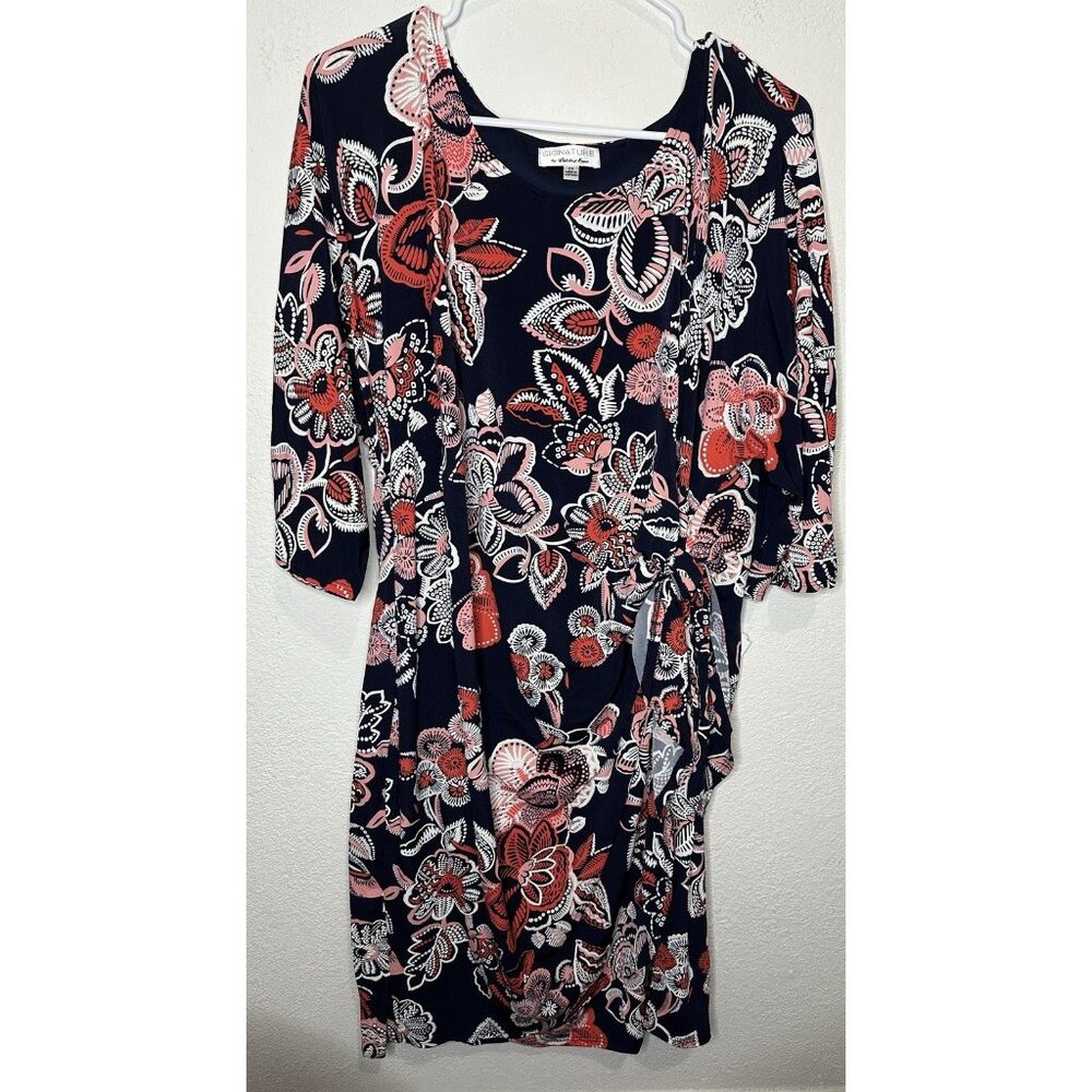 Signature by Robbie Bee Navy Coral Floral Tie Waist Wrap Knee Length Dress 2XL